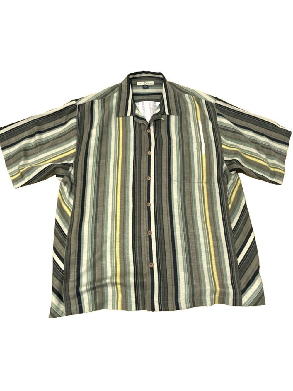 Tommy Bahama Shirt Green Black Yellow 100% Silk Hawaiian Striped Mens Size XL